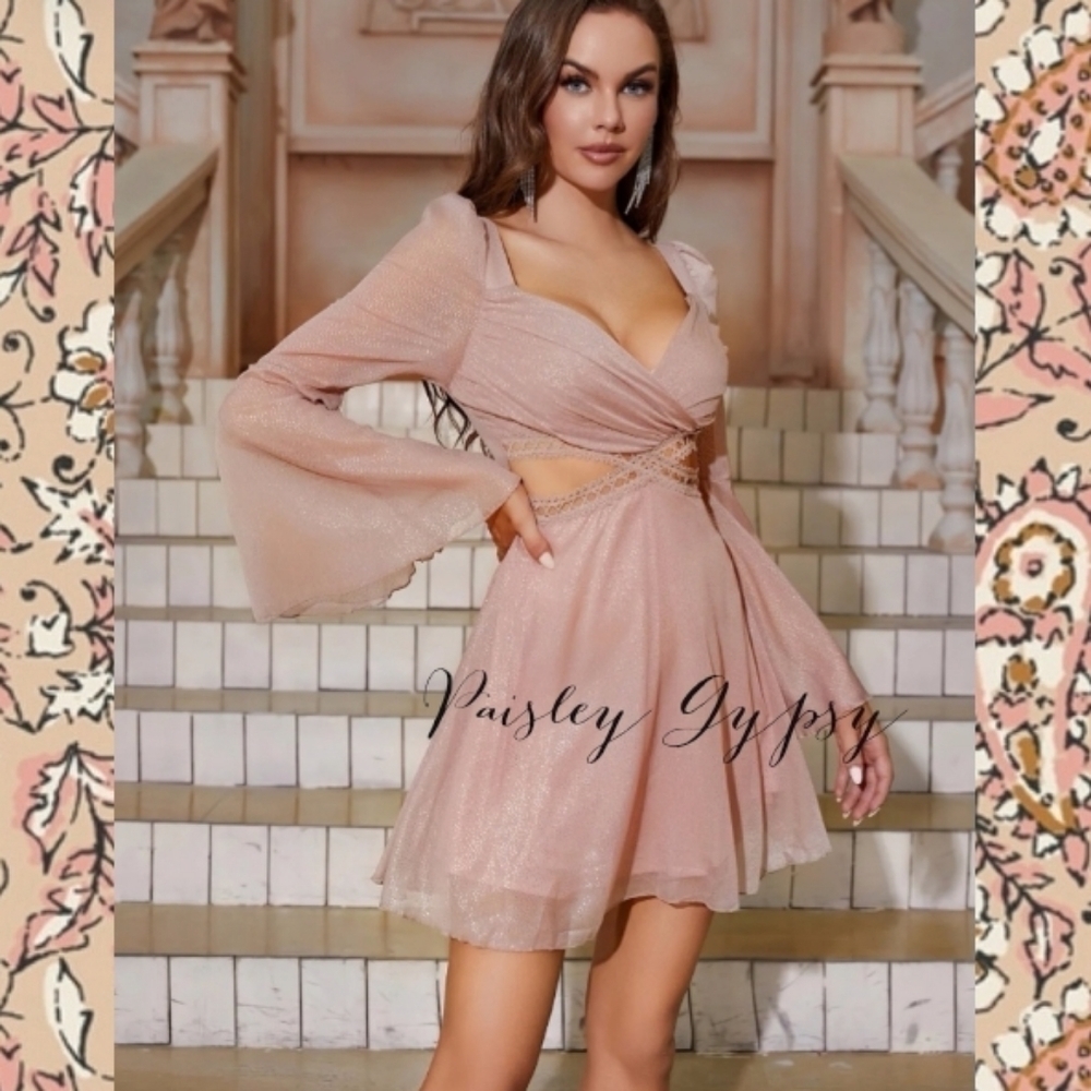 Sheer Mini Formal Dress With Bell Sleeves and Sexy Cut Outs at Waist